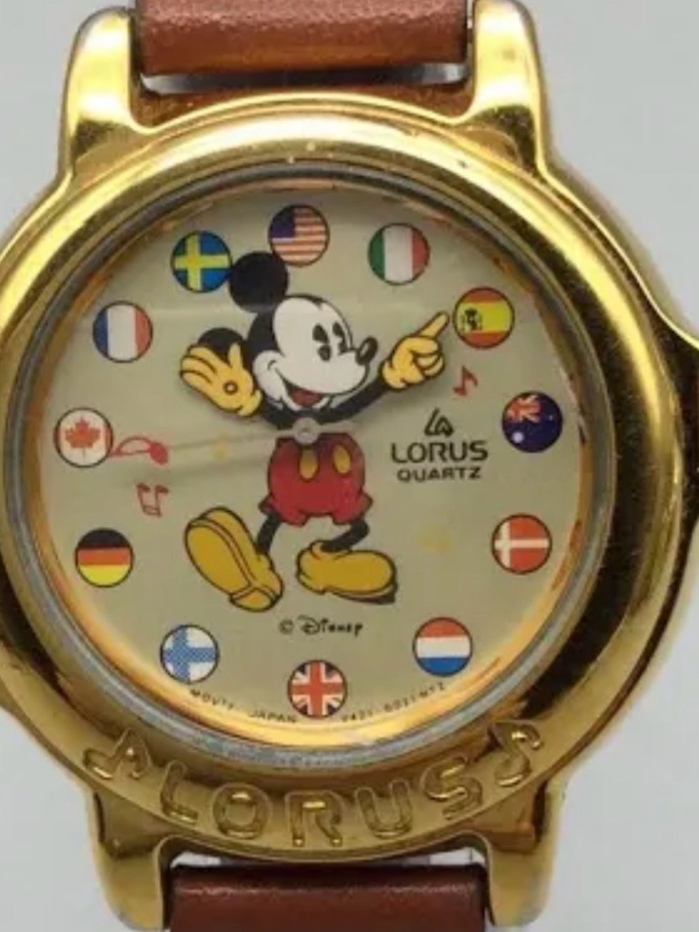 LORUS QUARTZ Mickey Mouse Gold-Tone Watch with Brown Leather Strap
